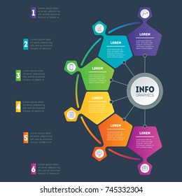 Examples of infographics, how to make your business structured. Infographic with 6 processes. Investor presentation with 6 steps. Best for slideshow, diagram or business presentation with 6 options.