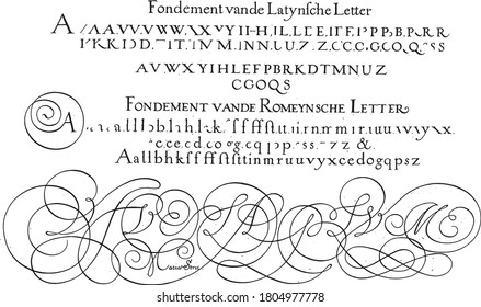 Examples of the Latin and Roman letter, Hans Strick, 1618 Examples of the Latin and Roman letter, nine lines, vintage engraving.