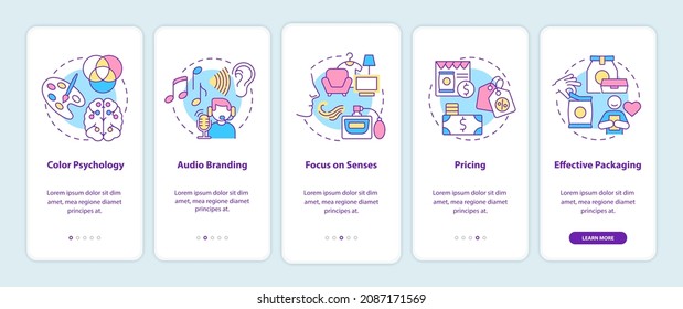 Examples of neuromarketing onboarding mobile app page screen. Color psychology walkthrough 5 steps graphic instructions with concepts. UI, UX, GUI vector template with linear color illustrations
