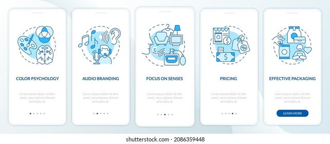 Examples of neuroscience onboarding mobile app page screen. Pricing and packaging walkthrough 5 steps graphic instructions with concepts. UI, UX, GUI vector template with linear color illustrations