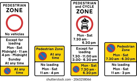 Examples of pedestrian zone entry sign and associated sign within the zone (where there are no yellow lines indicating waiting and loading restrictions), road signs in the United Kingdom