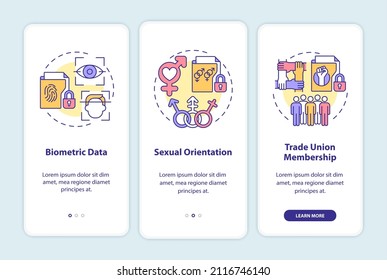 Examples of personal data onboarding mobile app screen. Identity walkthrough 3 steps graphic instructions pages with linear concepts. UI, UX, GUI template. Myriad Pro-Bold, Regular fonts used