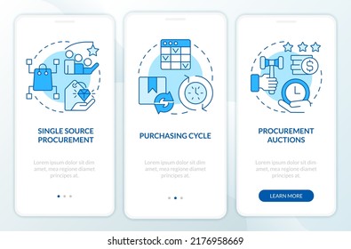 Examples of procurement process blue onboarding mobile app screen. Walkthrough 3 steps editable graphic instructions with linear concepts. UI, UX, GUI template. Myriad Pro-Bold, Regular fonts used