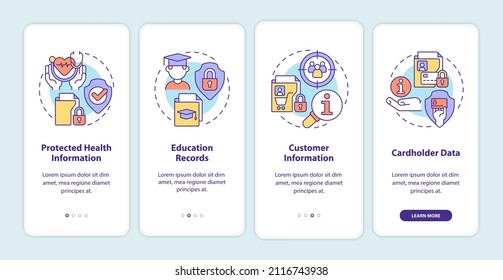 Examples of sensitive data onboarding mobile app screen. Privacy walkthrough 4 steps graphic instructions pages with linear concepts. UI, UX, GUI template. Myriad Pro-Bold, Regular fonts used