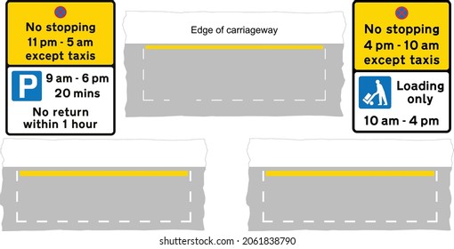 Examples of signs and markings for a part‑time “no stopping” taxi rank that is used as a controlled parking or loading bay at other times, road signs in the United Kingdom