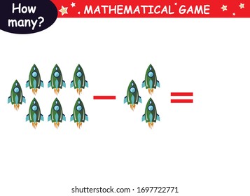 examples of subtraction with cosmic elements (red rocket, green rocket, planet, earth, saturn, astronaut, Mars, stars). educational page with mathematical examples for children.