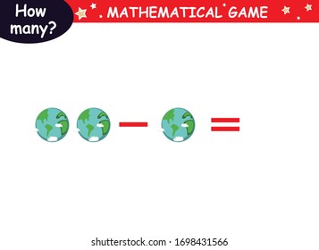 examples of subtraction with cosmic elements (red rocket, green rocket, planet, earth, saturn, astronaut, Mars, stars). educational page with mathematical examples for children.