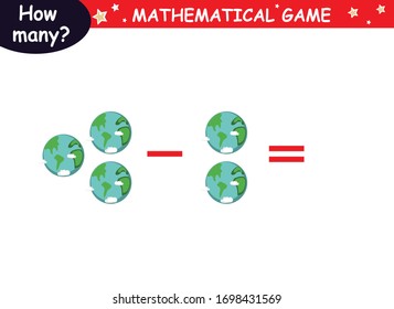 examples of subtraction with cosmic elements (red rocket, green rocket, planet, earth, saturn, astronaut, Mars, stars). educational page with mathematical examples for children.