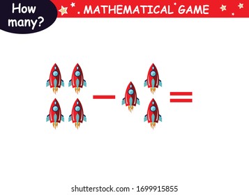 examples of subtraction with cosmic elements (red rocket, green rocket, planet, earth, saturn, astronaut, Mars, stars). educational page with mathematical examples for children.