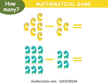 examples of subtraction with dinosaurs. educational page with mathematical examples for children.