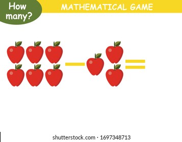 Beispiele für die Subtraktion mit Obst und Gemüse. Lernseite mit mathematischen Beispielen für Kinder.