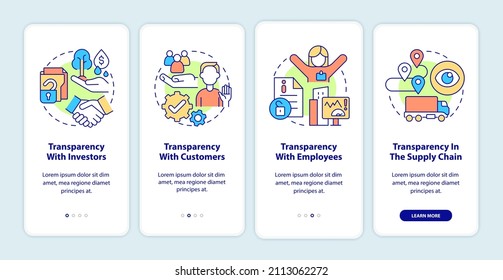 Examples of transparency onboarding mobile app screen. Business walkthrough 4 steps graphic instructions pages with linear concepts. UI, UX, GUI template. Myriad Pro-Bold, Regular fonts used