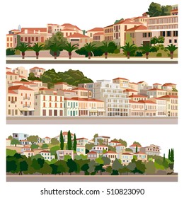 Ejemplos de los tipos y paisajes de las ciudades mediterráneas. Colorida ilustración vectorial de dibujo hecha a mano.