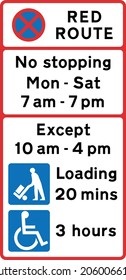 Examples of upright signs indicating a parking place on a red route, road signs in the United Kingdom