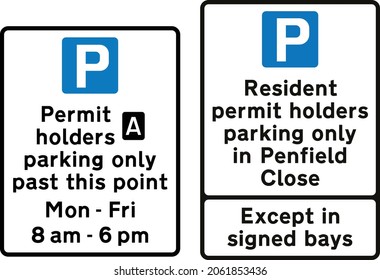Examples of upright signs prescribed by S4‑4 and 5 indicating the entrance to a permit parking area, road signs in the United Kingdom