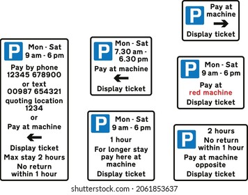 Examples of upright signs prescribed by S4‑4 indicating a pay and display, road signs in the United Kingdom