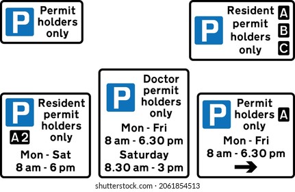 Examples of upright signs prescribed by S4‑4 for “permit holders only” parking places, road signs in the United Kingdom