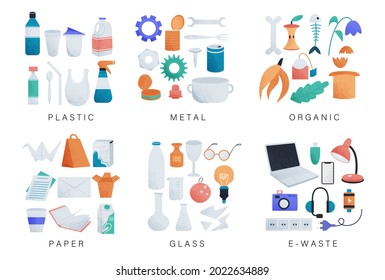 Examples of waste elements collection. Garbage sorting isolated set. Different types of recycled trash in cartoon design.