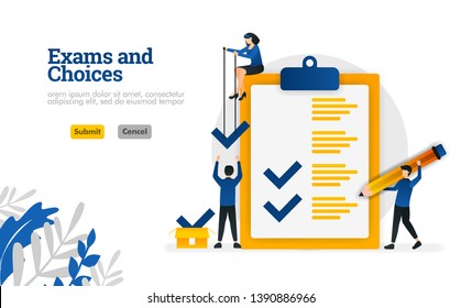 Exams and Choices Flat character for learning and survey consultants vector illustration concept can be use for, landing page, template, ui ux, web, mobile app, poster, banner, website, flyer, ads