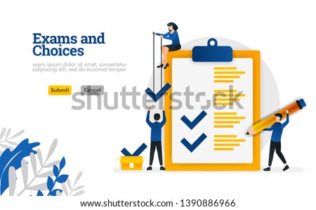 Exams and Choices Flat character for learning and survey consultants vector illustration concept can be use for, landing page, template, ui ux, web, mobile app, poster, banner, website, flyer, ads