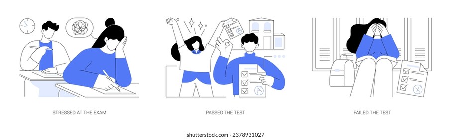 Exams isolated cartoon vector illustrations set. Stressed teenager trying to remember information, happy students passes the test, young person sad about failing at examination vector cartoon.