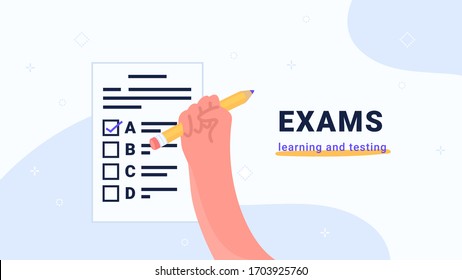 Exams learning and testing. Flat vector modern illustration of human hand holds yellow pencil to pass exam on the paper blank. Concept design for banners, promo and landing pages with copyspace