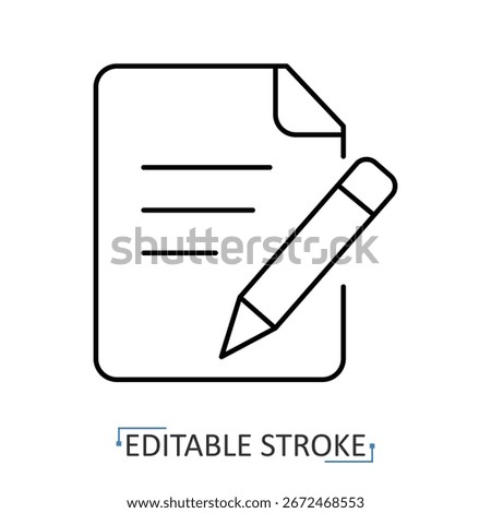 Exams line icon with editable stroke. Vector outline of paper sheet and pencil symbolizing school test, quiz, assessment, homework, education, learning, studying, academic evaluation.