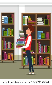 Exams preparation flat vector illustration. Smart college, university student carrying textbooks cartoon character. Education, smiling teenager holding books. Boy studying in library, knowledge gain