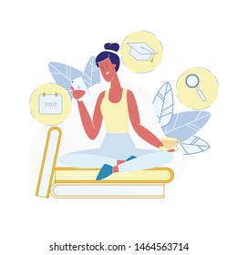 Exams Preparation, Learning Vector Illustration. Smiling Student Holding Smartphone and Coffee Cartoon Character. Young Woman, University Pupil Sitting on Books, Online Education, E learning