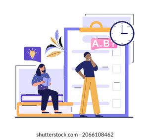 Exams and test. Students assess their knowledge. Results of work for whole year. Education, study. haracters stand near form with options for answering questions. Cartoon flat vector illustration