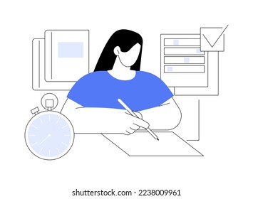 Exams and tests abstract concept vector illustration. Test results, personal exam timetable, stress and anxiety, school classroom, teenage student, writing answers, form sheet abstract metaphor.