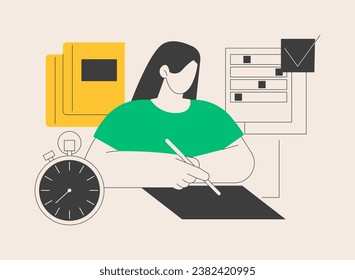 Exams and tests abstract concept vector illustration. Test results, personal exam timetable, stress and anxiety, school classroom, teenage student, writing answers, form sheet abstract metaphor.