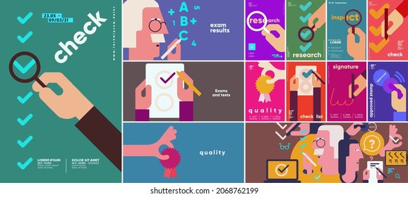 Exams and tests. Big set. Collection of vector illustrations. Simple, flat design. Patterns and backgrounds. Perfect for poster, cover, banner.