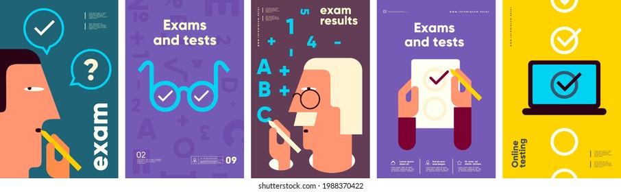 Exams and tests. Poster set. Simple vector flat illustration. Background for social media, banner.