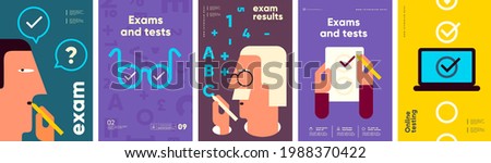 Exams and tests. Poster set. Simple vector flat illustration. Background for social media, banner.