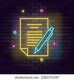 Exan, pen neon icon. Education neon icon on dark brick wall background