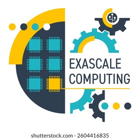 Exascale computing systems capable of calculating operations in supercomputer performance. Decorative emblem in flat geometric style