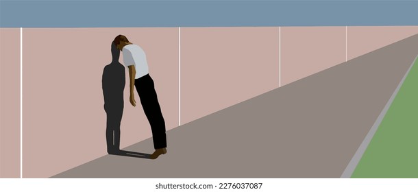 An exasperated man leans with his head down against a wall in this illustration about depression, anxiety, trouble, sadness or other applicable topics. 3-D illustration.