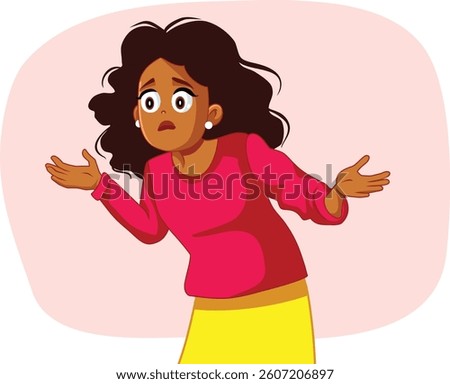 
Exasperated Woman feeling Puzzled and Shrugging Vector Cartoon. Clueless lady feeling uncertain and confused wondering 