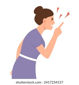 Exasperated   woman  pointing, gesturing with finger. Grumpy disappointed person with negative emotion, face expression. Flat vector illustration isolated on white background