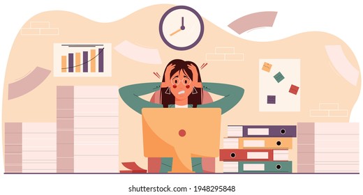 Exasperated woman in the workplace sits among a pile of papers and folders. The concept of professional burnout, overwork at work. Businesswoman with a headache. Vector illustration