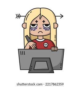 Exausted digital artist sitting behind the drawing screen. Tires overworked women worker. Art burnout. Depression and stress at work. Unhealthy young blond girl. Cartoon vector illustration. Isolated 