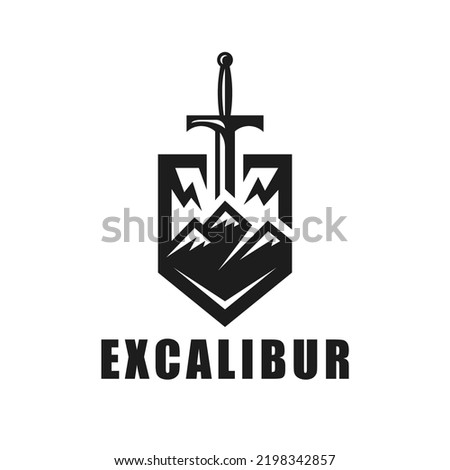Excalibur logo icon. Sword in rock emblem. Mountain with sword in stone and shield symbol. Vector illustration.