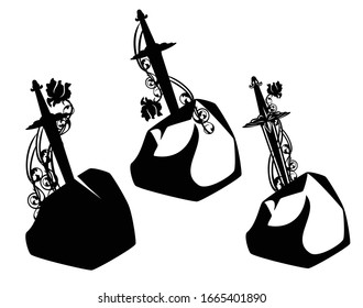 Excalibur sword in the stone entwined with rose flowers black and white vector design set