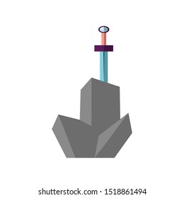 Excalibur vector flat illustration. Icon of sword, stucked in grey stone. Iconic scene from the Medieval European stories about King Arthur.