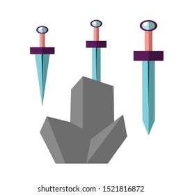 Excalibur vector flat illustration. Icon of sword, stucked in grey stone. Iconic scene from the Medieval European stories about King Arthur.