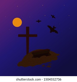 An excavated grave, an open coffin on a moonlit night, bats in the sky. Happy halloween vector flat illustration. Blue background