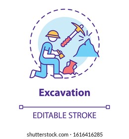 Excavation concept icon. Archaeological expedition. Historical research. Search for ancient artifacts. Cultural layer idea thin line illustration. Vector isolated outline drawing. Editable stroke