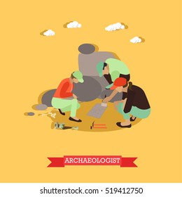 Excavation concept vector illustration in flat style. Archaeologists in Egypt, remains of settlements, archaeological tools.