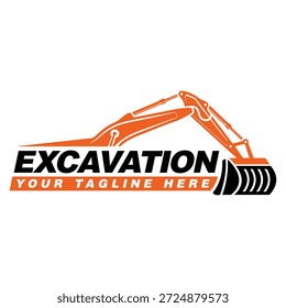 Excavation construction logo featuring a modern excavator machine with hydraulic arm and bucket. Professional industrial design suitable for construction companies, contractors, earthmoving services, civil engineering, and heavy equipment branding.